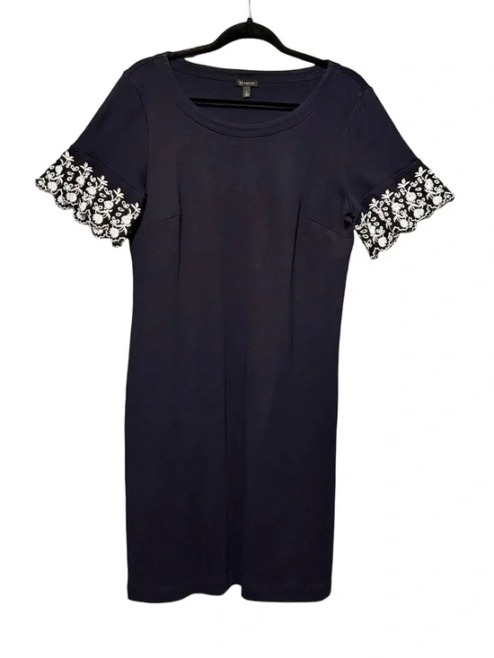 Talbots Embroidered Scalloped Sleeve Navy Blue Shift Dress Large - Picture 2 of 7